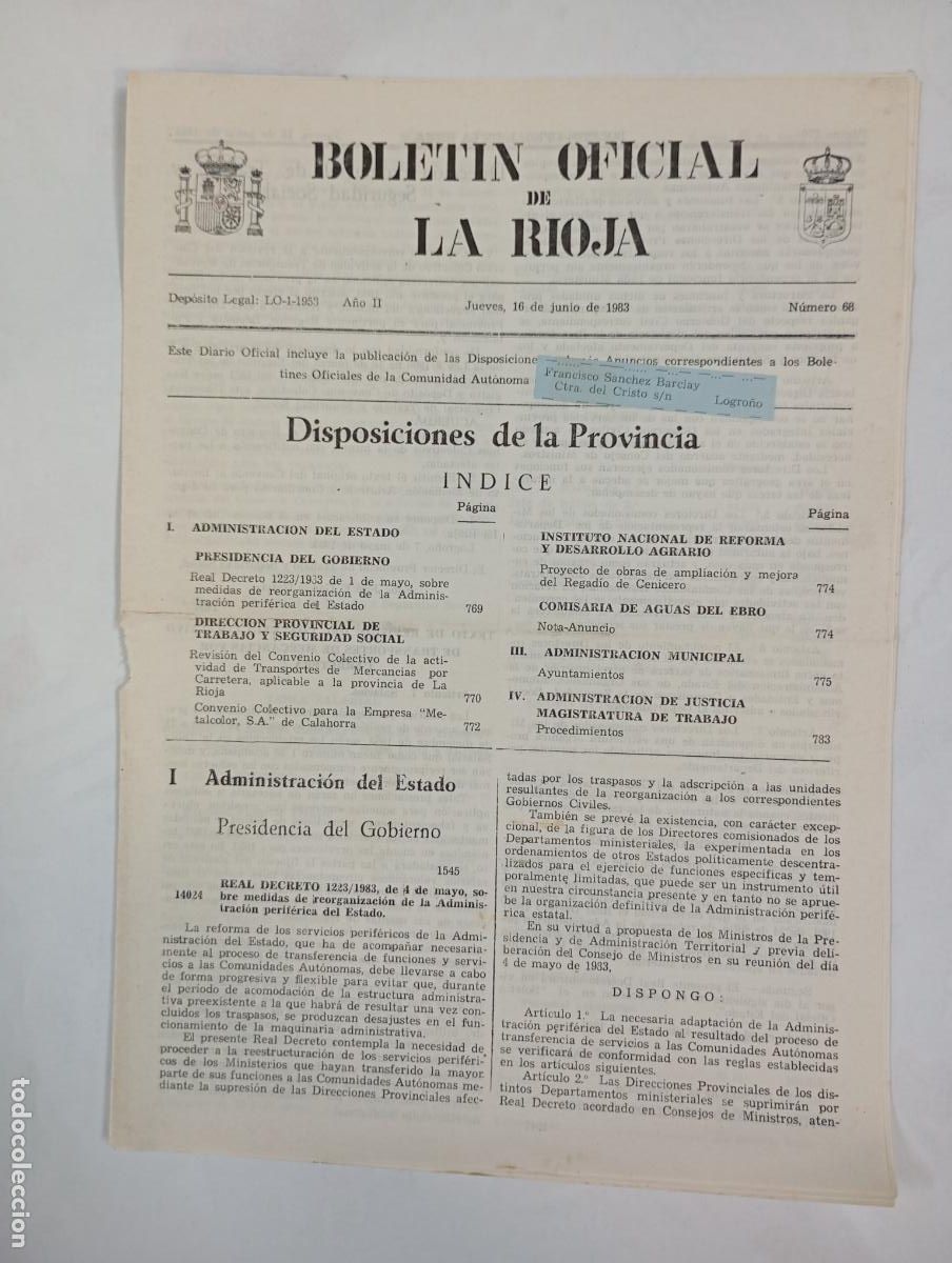 Coleccionismo de revistas y peri&oacute;dicos: BOLET&Iacute;N OFICIAL DE LA RIOJA N&ordm; 68. A&Ntilde;O II. 16 JUNIO 1983. TDKR34