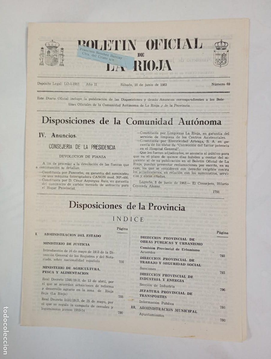 Coleccionismo de revistas y peri&oacute;dicos: BOLET&Iacute;N OFICIAL DE LA RIOJA N&ordm; 69. A&Ntilde;O II. 18 JUNIO 1983. TDKR34