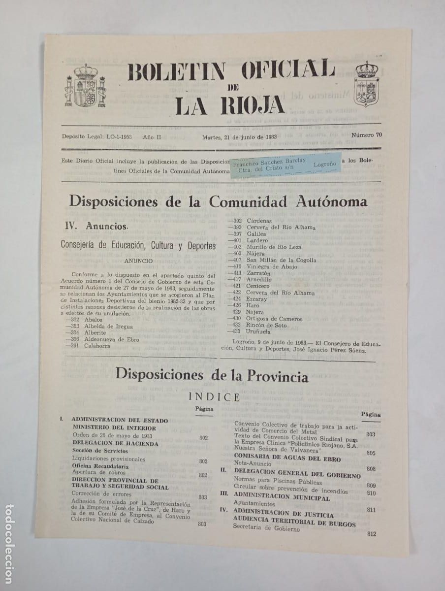 Coleccionismo de revistas y peri&oacute;dicos: BOLET&Iacute;N OFICIAL DE LA RIOJA N&ordm; 70. A&Ntilde;O II. 21 JUNIO 1983. TDKR34