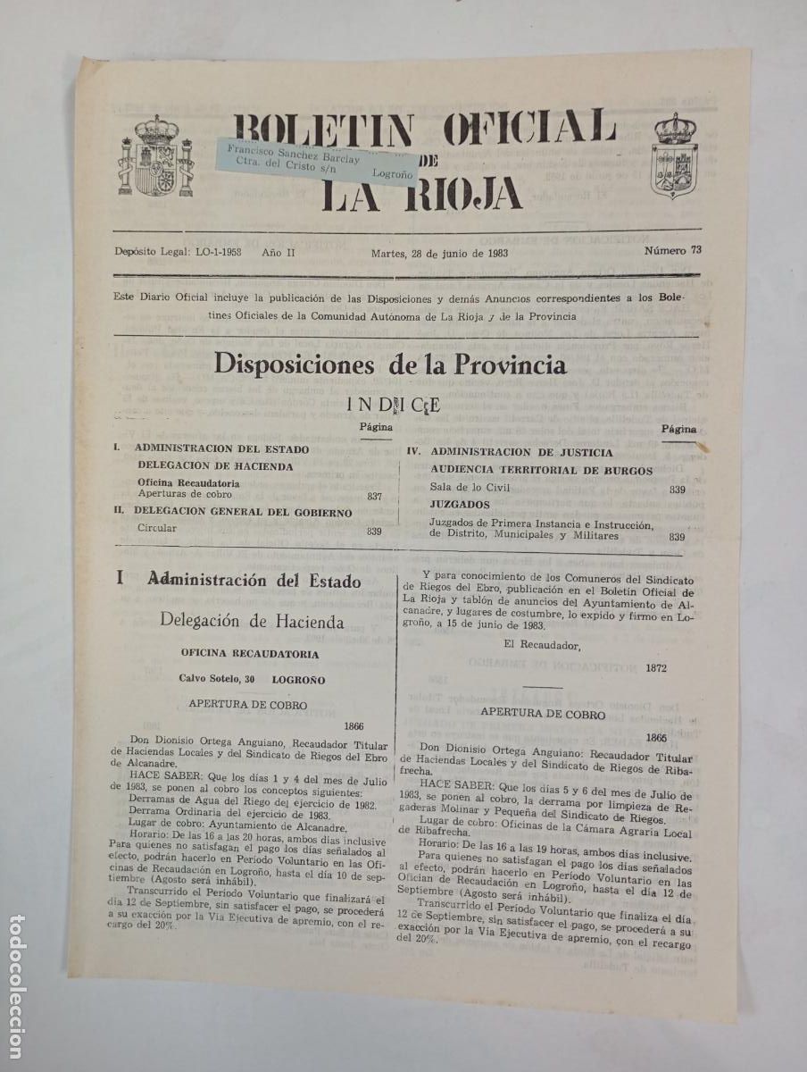 Coleccionismo de revistas y peri&oacute;dicos: BOLET&Iacute;N OFICIAL DE LA RIOJA N&ordm; 73. A&Ntilde;O II. 28 JUNIO 1983. TDKR34