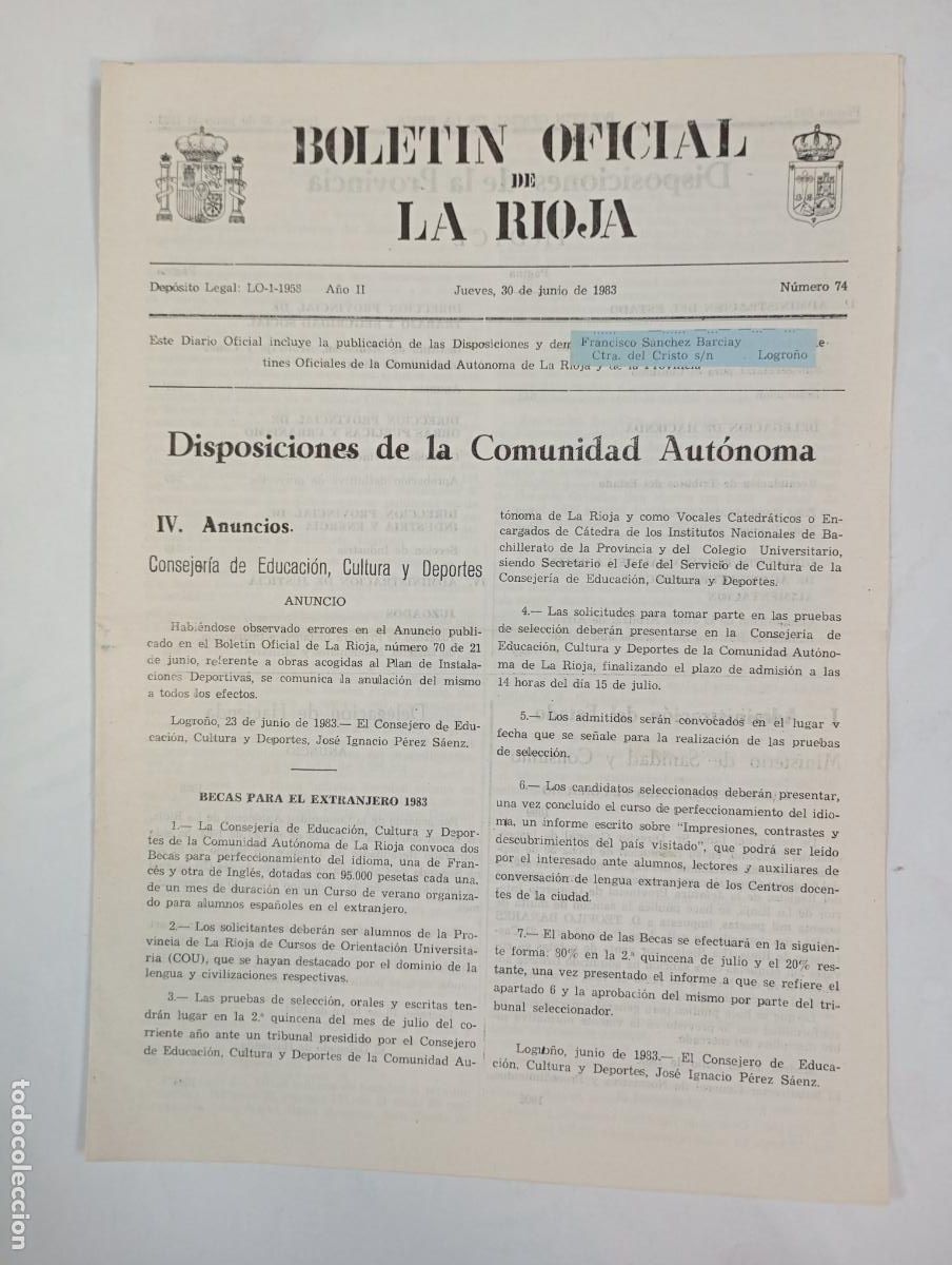 Coleccionismo de revistas y peri&oacute;dicos: BOLET&Iacute;N OFICIAL DE LA RIOJA N&ordm; 74. A&Ntilde;O II. 30 JUNIO 1983. TDKR34