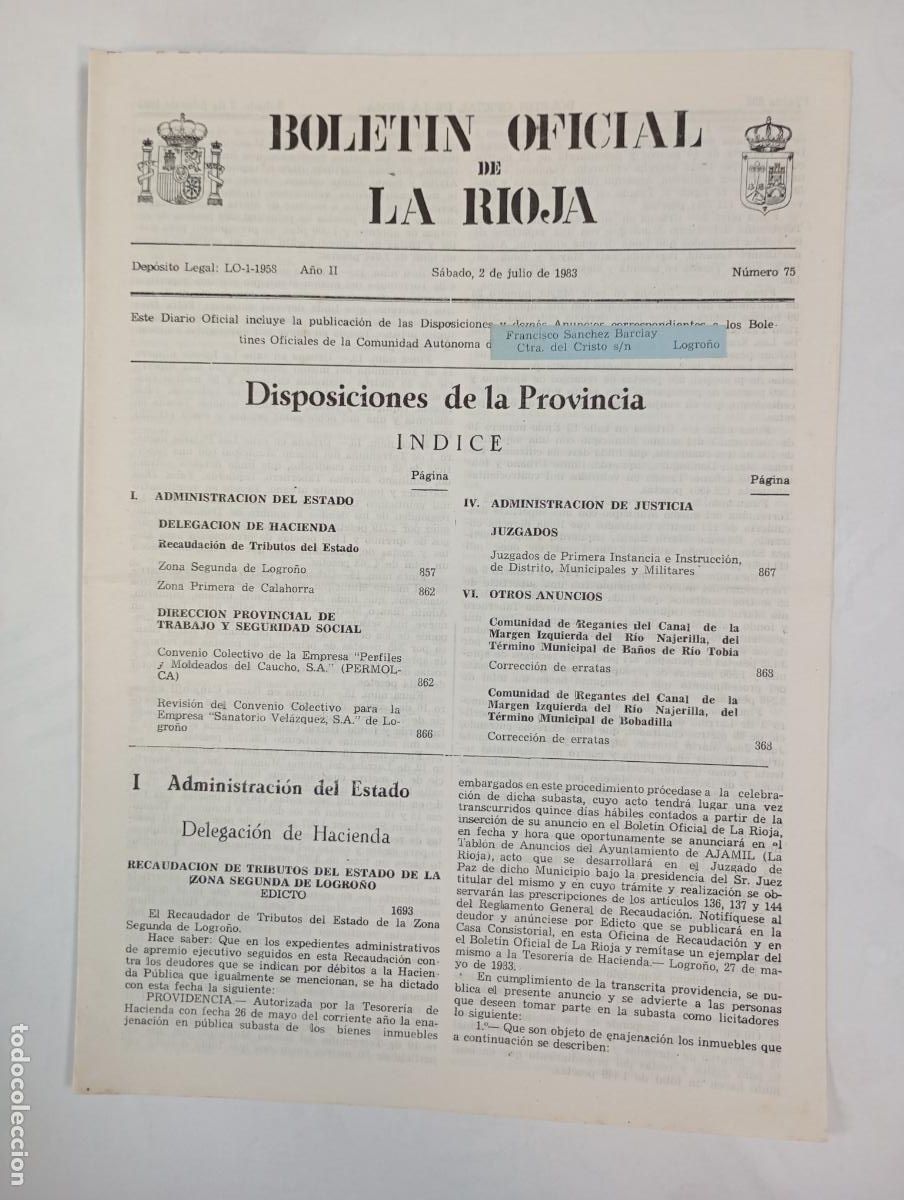 Coleccionismo de revistas y peri&oacute;dicos: BOLET&Iacute;N OFICIAL DE LA RIOJA N&ordm; 75. A&Ntilde;O II. 2 JULIO 1983. TDKR34