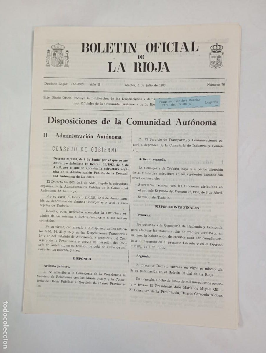 Coleccionismo de revistas y peri&oacute;dicos: BOLET&Iacute;N OFICIAL DE LA RIOJA N&ordm; 76. A&Ntilde;O II. 5 JULIO 1983. TDKR34