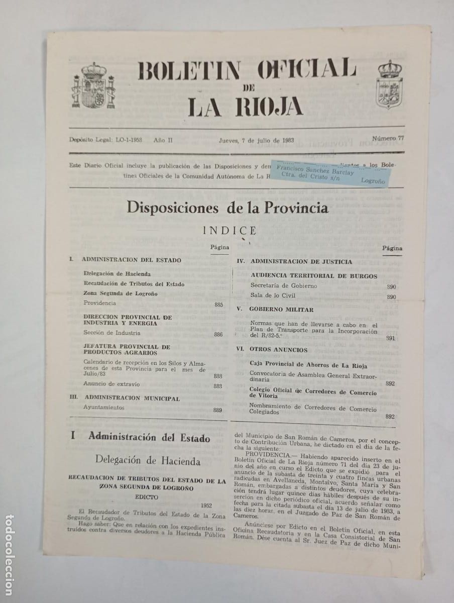 Coleccionismo de revistas y peri&oacute;dicos: BOLET&Iacute;N OFICIAL DE LA RIOJA N&ordm; 77. A&Ntilde;O II. 7 JULIO 1983. TDKR34