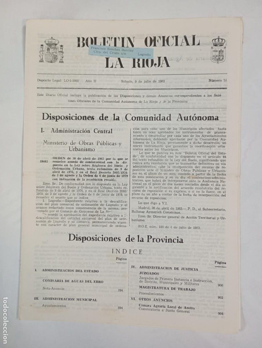 Coleccionismo de revistas y peri&oacute;dicos: BOLET&Iacute;N OFICIAL DE LA RIOJA N&ordm; 78. A&Ntilde;O II. 9 JULIO 1983. TDKR34