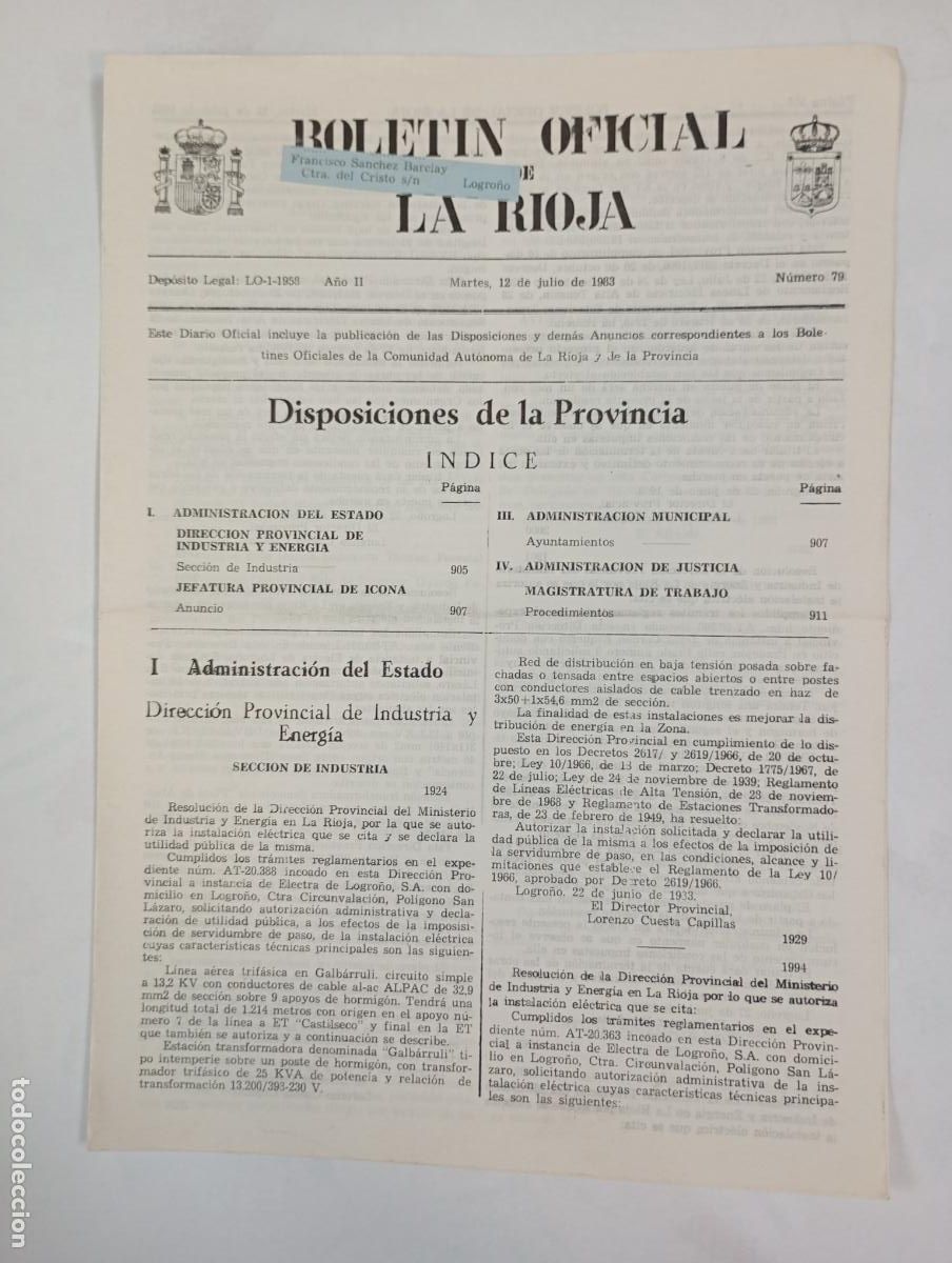 Coleccionismo de revistas y peri&oacute;dicos: BOLET&Iacute;N OFICIAL DE LA RIOJA N&ordm; 79. A&Ntilde;O II. 12 JULIO 1983. TDKR34