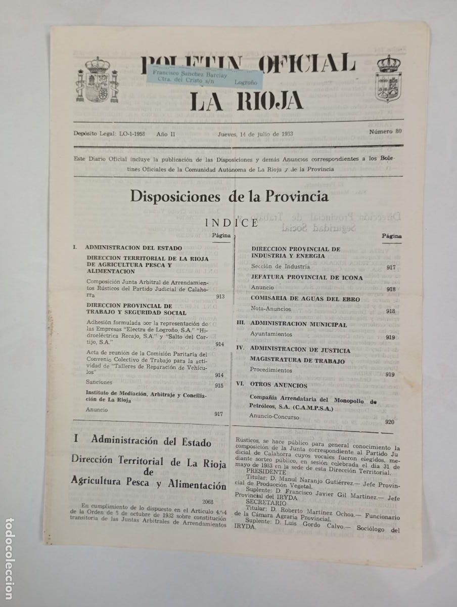 Coleccionismo de revistas y peri&oacute;dicos: BOLET&Iacute;N OFICIAL DE LA RIOJA N&ordm; 80. A&Ntilde;O II. 14 JULIO 1983. TDKR34