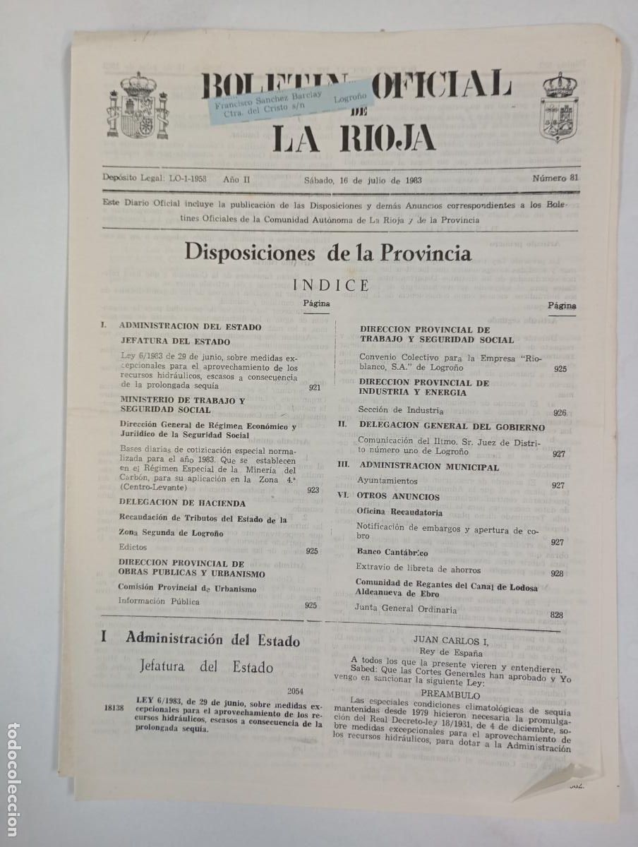 Coleccionismo de revistas y peri&oacute;dicos: BOLET&Iacute;N OFICIAL DE LA RIOJA N&ordm; 81. A&Ntilde;O II. 16 JULIO 1983. TDKR34