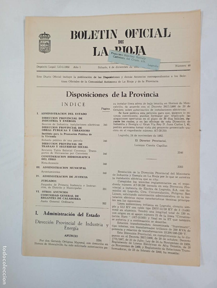 Coleccionismo de revistas y peri&oacute;dicos: BOLET&Iacute;N OFICIAL DE LA RIOJA N&ordm; 40. A&Ntilde;O I. 4 DICIEMBRE 1982. TDKR34