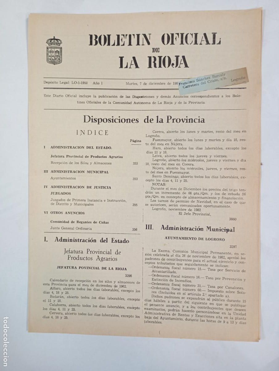 Coleccionismo de revistas y peri&oacute;dicos: BOLET&Iacute;N OFICIAL DE LA RIOJA N&ordm; 41. A&Ntilde;O I. 7 DICIEMBRE 1982. TDKR34