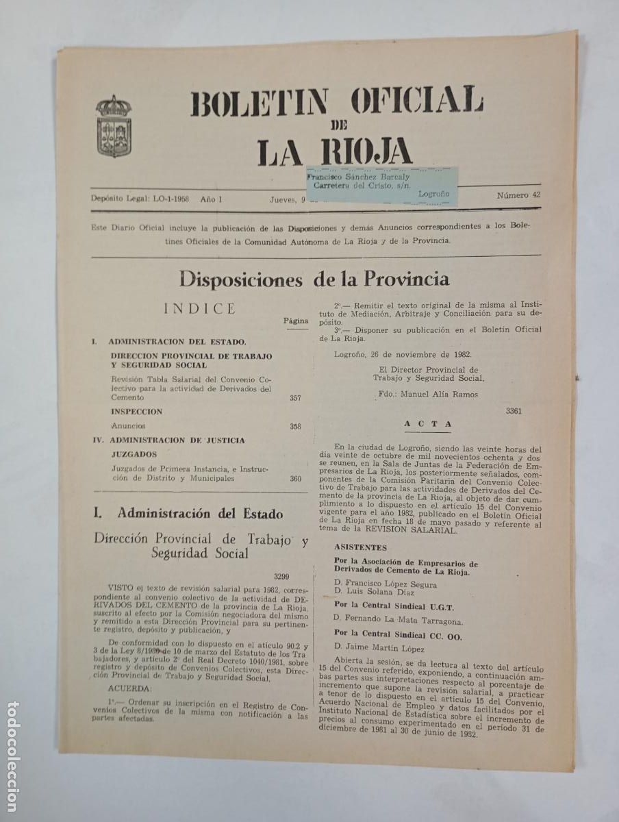 Coleccionismo de revistas y peri&oacute;dicos: BOLET&Iacute;N OFICIAL DE LA RIOJA N&ordm; 42. A&Ntilde;O I. 9 DICIEMBRE 1982. TDKR34