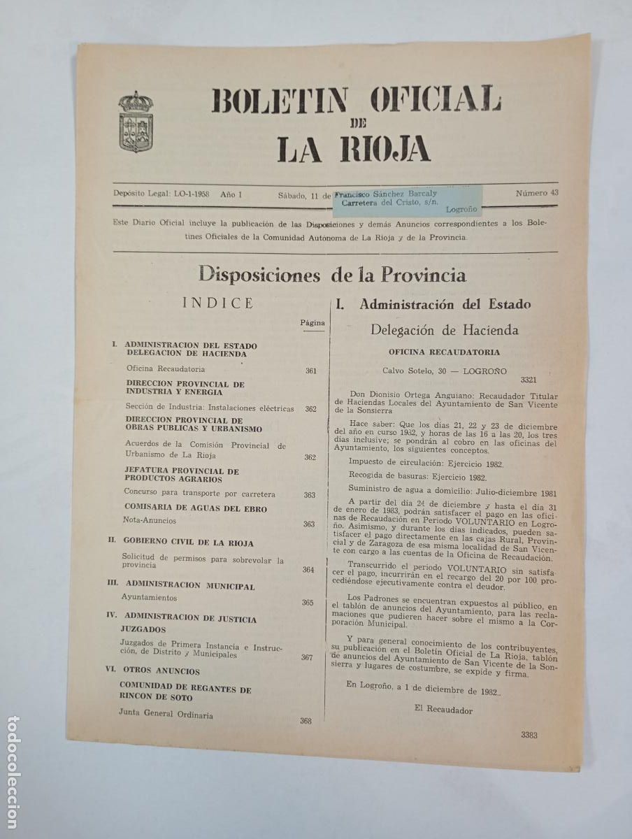 Coleccionismo de revistas y peri&oacute;dicos: BOLET&Iacute;N OFICIAL DE LA RIOJA N&ordm; 43. A&Ntilde;O I. 11 DICIEMBRE 1982. TDKR34