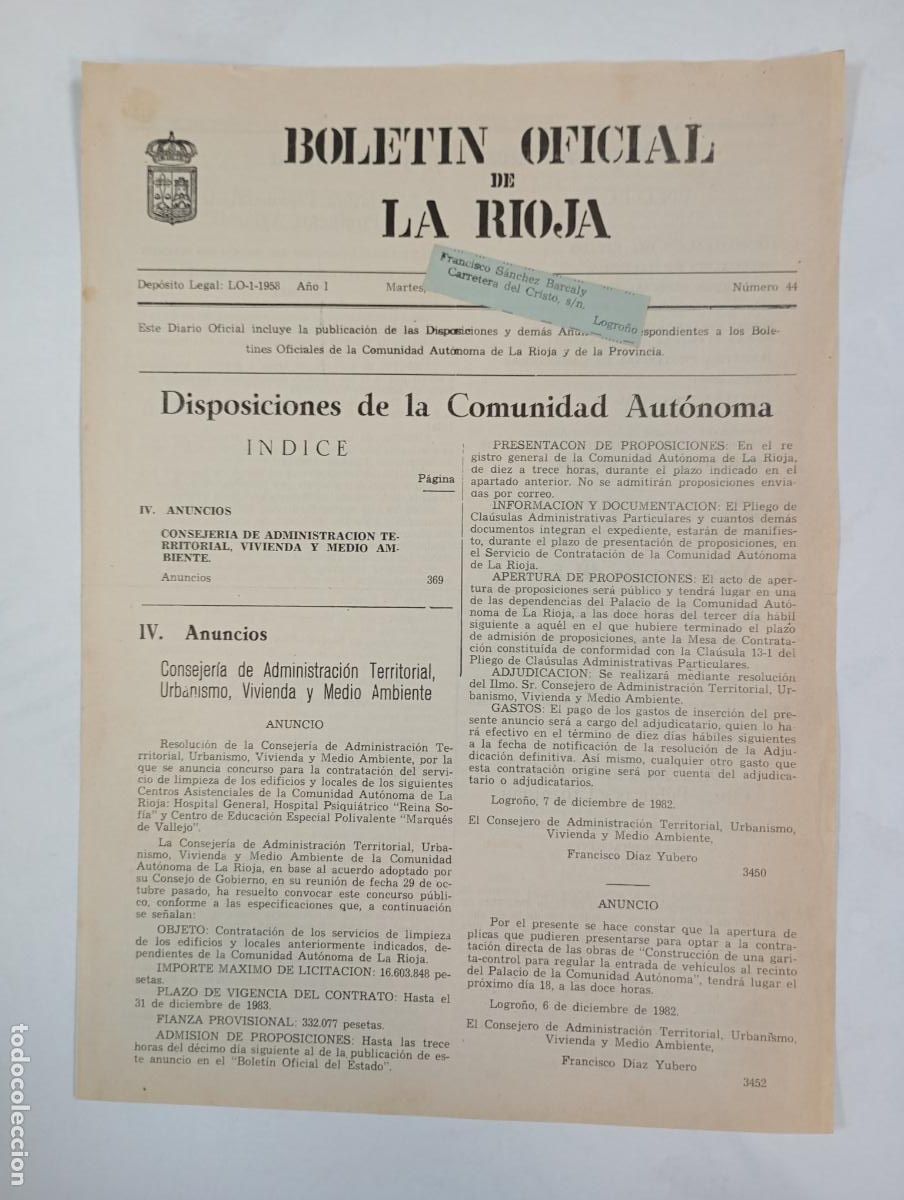Coleccionismo de revistas y peri&oacute;dicos: BOLET&Iacute;N OFICIAL DE LA RIOJA N&ordm; 44. A&Ntilde;O I. 14 DICIEMBRE 1982. TDKR34