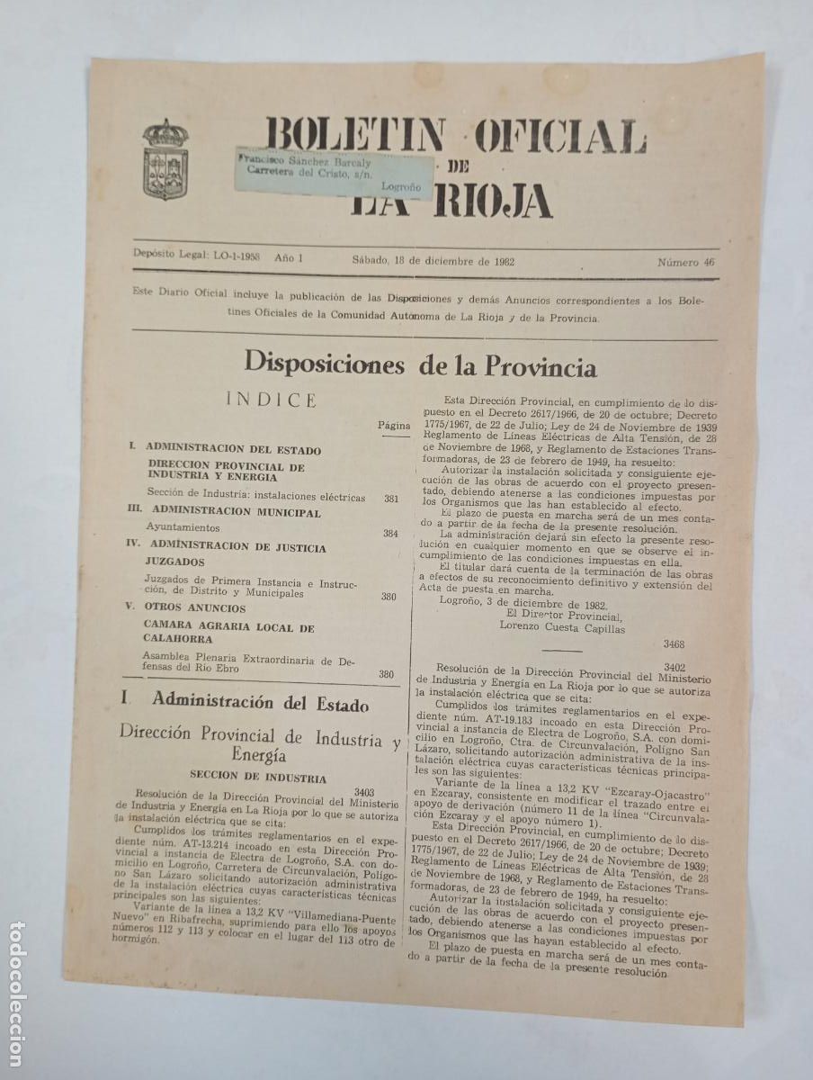 Coleccionismo de revistas y peri&oacute;dicos: BOLET&Iacute;N OFICIAL DE LA RIOJA N&ordm; 46. A&Ntilde;O I. 18 DICIEMBRE 1982. TDKR34