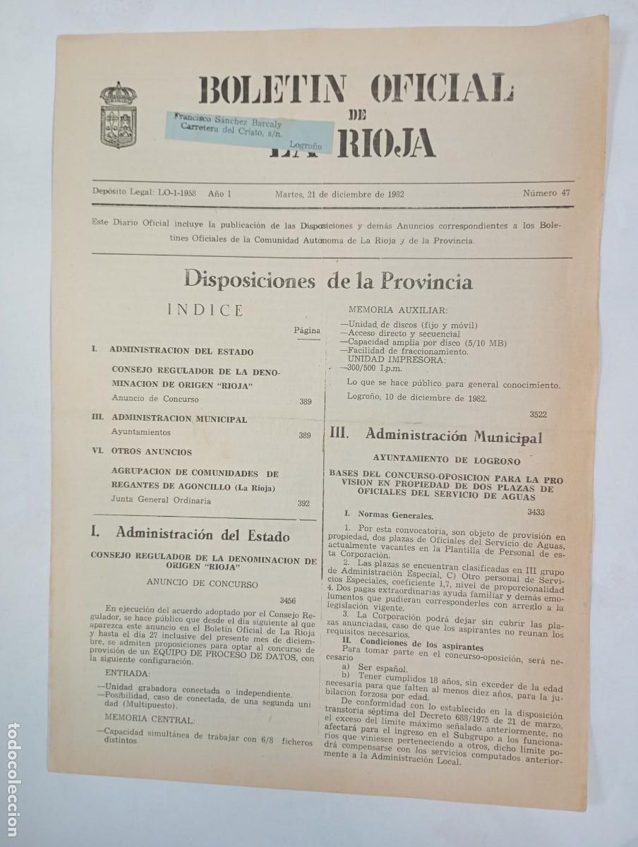 Coleccionismo de revistas y peri&oacute;dicos: BOLET&Iacute;N OFICIAL DE LA RIOJA N&ordm; 47. A&Ntilde;O I. 21 DICIEMBRE 1982. TDKR34