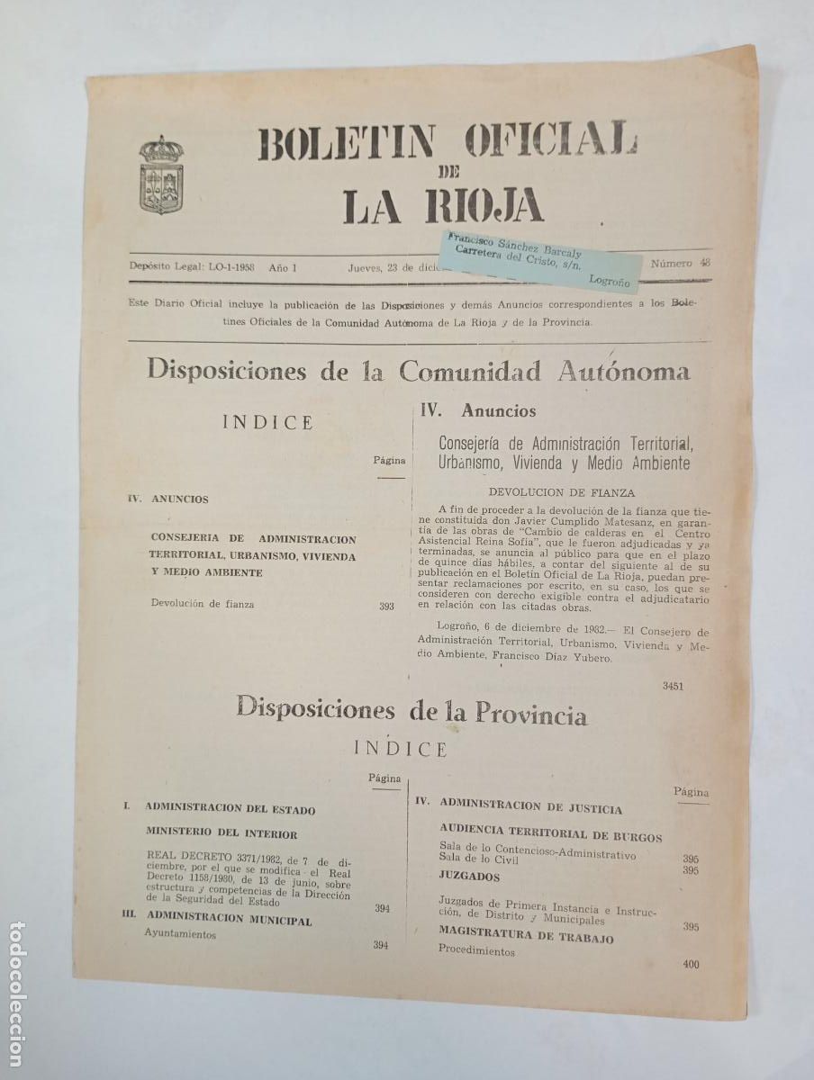 Coleccionismo de revistas y peri&oacute;dicos: BOLET&Iacute;N OFICIAL DE LA RIOJA N&ordm; 48. A&Ntilde;O I. 23 DICIEMBRE 1982. TDKR34