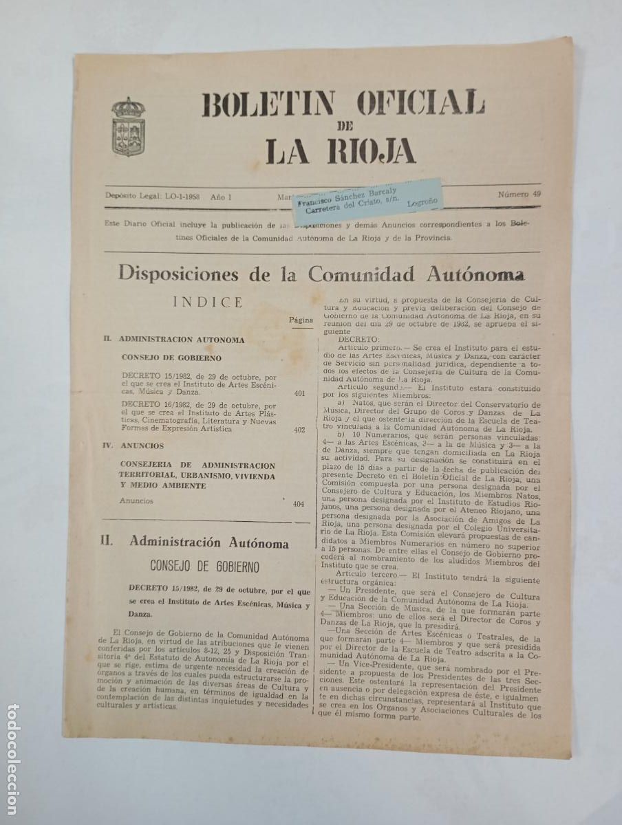 Coleccionismo de revistas y peri&oacute;dicos: BOLET&Iacute;N OFICIAL DE LA RIOJA N&ordm; 49. A&Ntilde;O I. 25 DICIEMBRE 1982. TDKR34