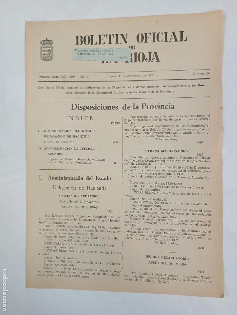 Coleccionismo de revistas y peri&oacute;dicos: BOLET&Iacute;N OFICIAL DE LA RIOJA N&ordm; 50. A&Ntilde;O I. 30 DICIEMBRE 1982. TDKR34