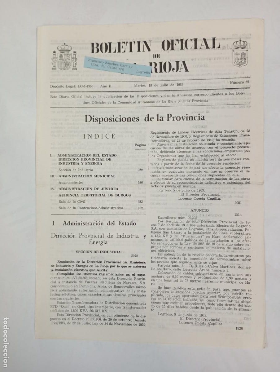 Coleccionismo de revistas y peri&oacute;dicos: BOLET&Iacute;N OFICIAL DE LA RIOJA N&ordm; 82. A&Ntilde;O II. 19 JULIO 1983. TDKR34
