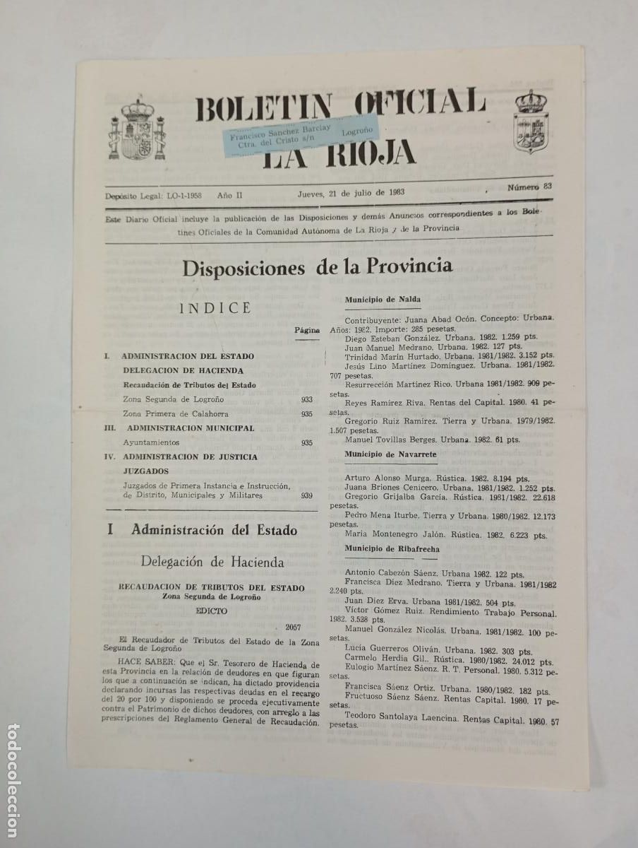 Coleccionismo de revistas y peri&oacute;dicos: BOLET&Iacute;N OFICIAL DE LA RIOJA N&ordm; 83. A&Ntilde;O II. 21 JULIO 1983. TDKR34