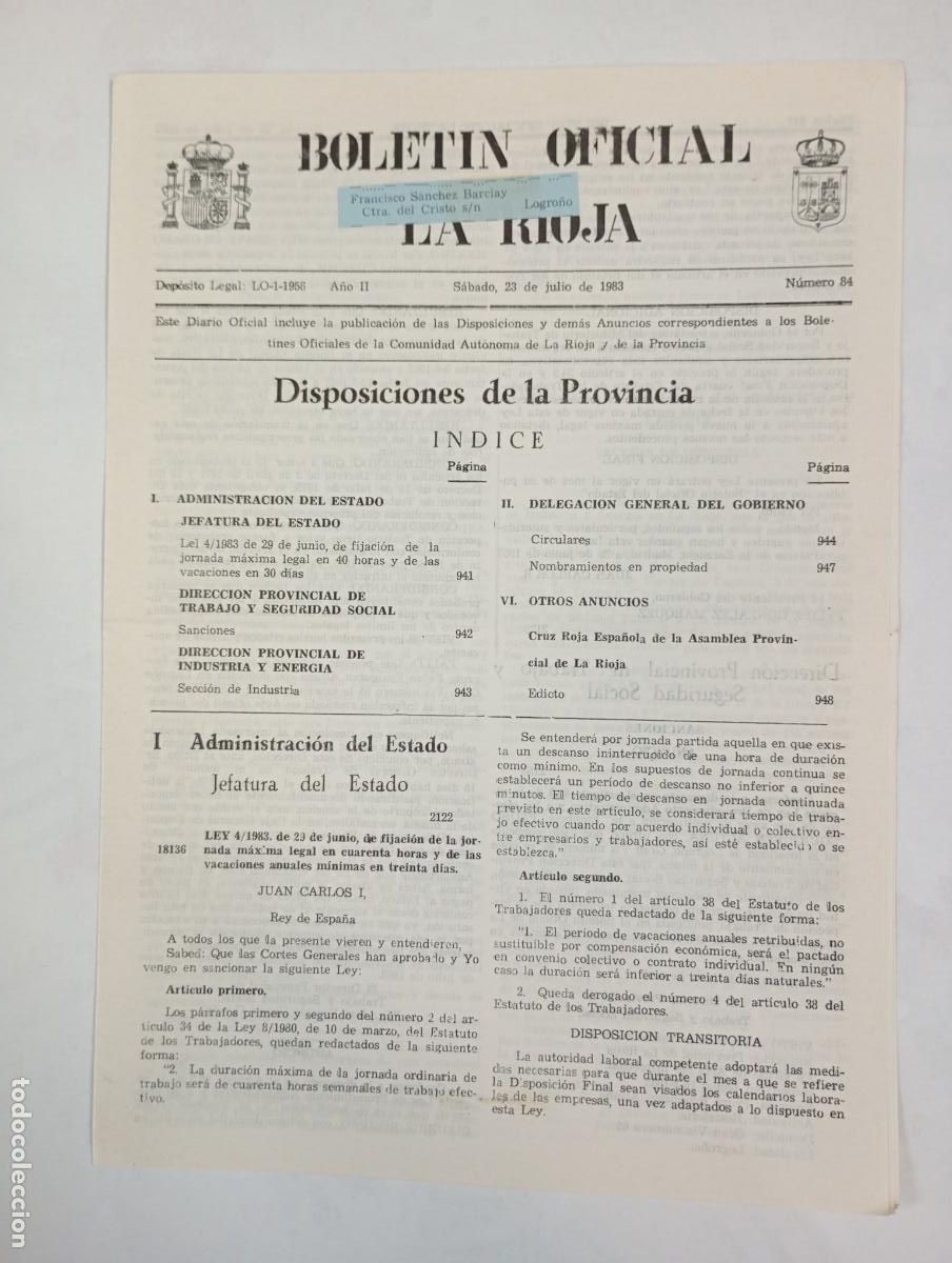 Coleccionismo de revistas y peri&oacute;dicos: BOLET&Iacute;N OFICIAL DE LA RIOJA N&ordm; 84. A&Ntilde;O II. 23 JULIO 1983. TDKR34