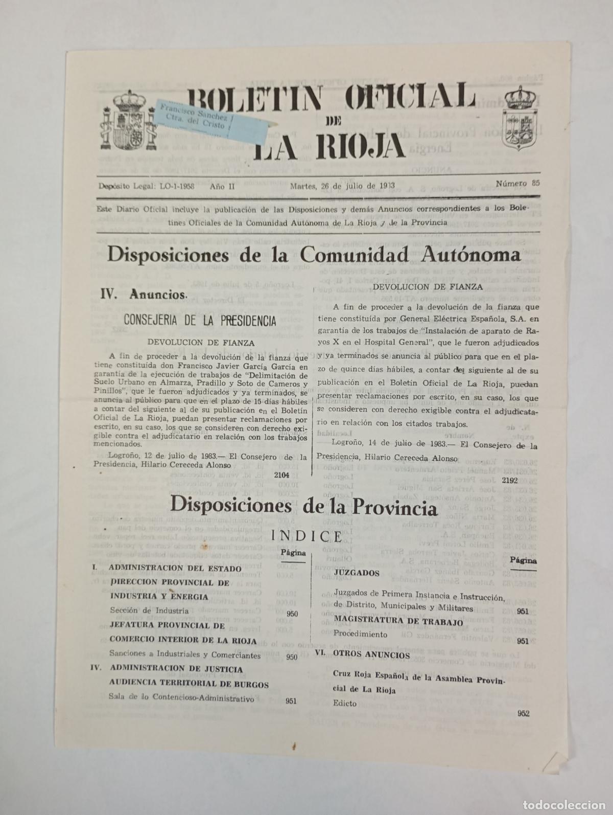 Coleccionismo de revistas y peri&oacute;dicos: BOLET&Iacute;N OFICIAL DE LA RIOJA N&ordm; 85. A&Ntilde;O II. 26 JULIO 1983. TDKR34