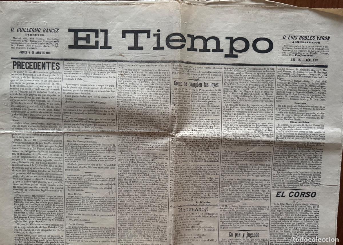 Coleccionismo de revistas y peri&oacute;dicos: EL TIEMPO - PERI&Oacute;DICO DE ESPA&Ntilde;A - A&Ntilde;O 1896 - PUBLICIDAD EN REVERSO