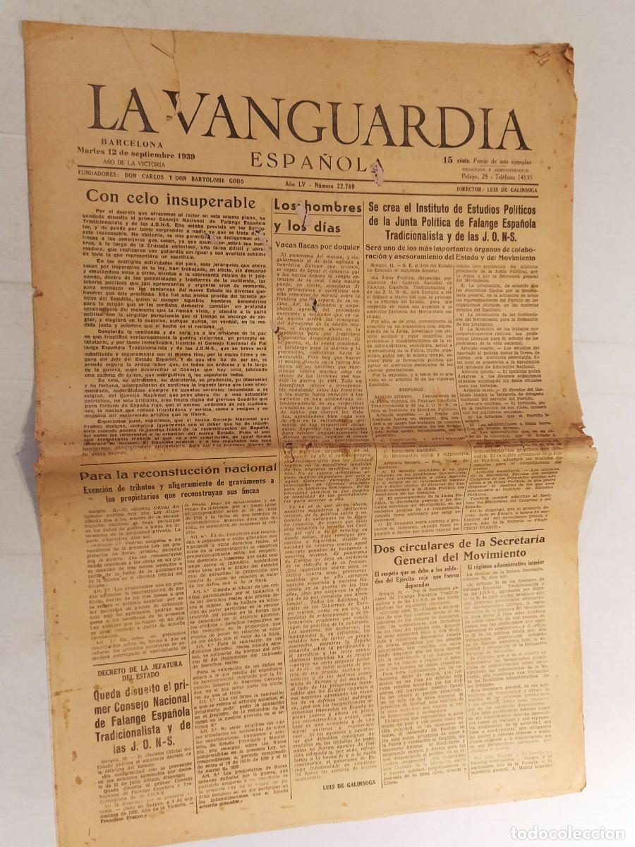 Coleccionismo de revistas y peri&oacute;dicos: LA VANGUARDIA ESPA&Ntilde;OLA -POS GUERRA CIVIL - A&Ntilde;O 1939 - NUMERO 22.769 - PERIODICO ANTIGUO