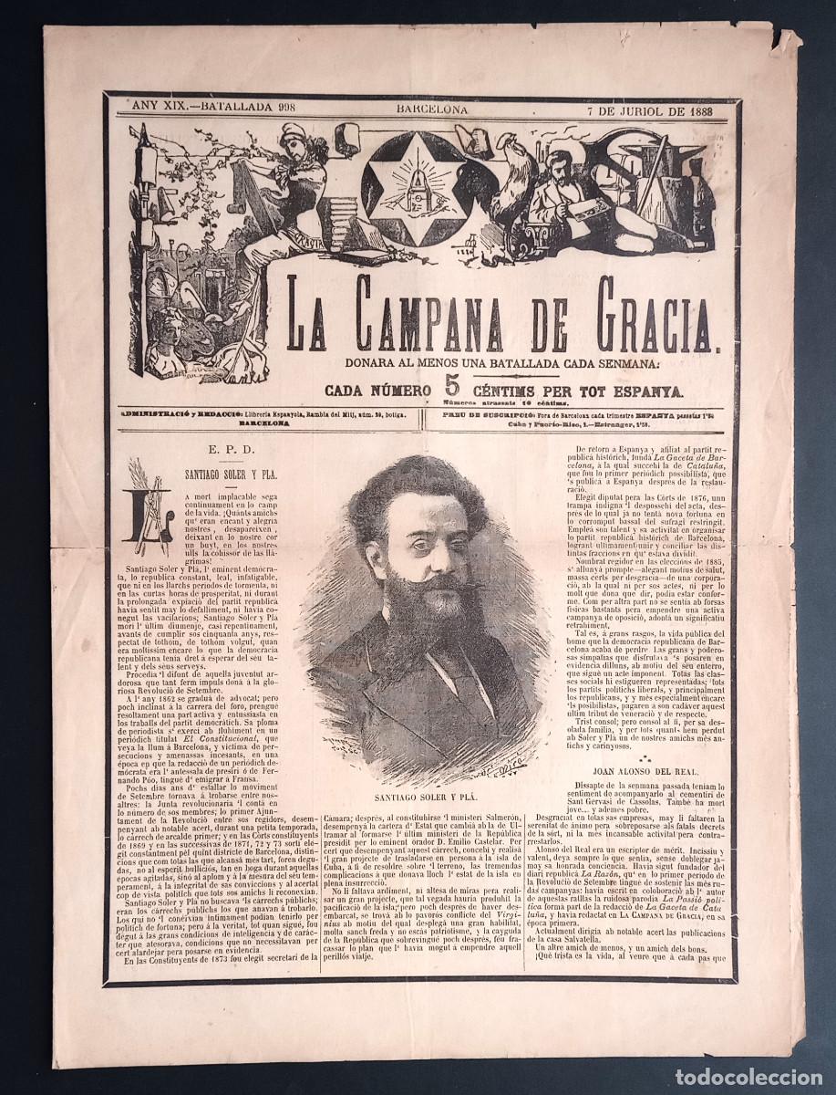 Collezionismo di Riviste e Giornali: LA CAMPANA DE GRACIA - ANY XIX, BATALLADA 998 - 7 DE JURIOL DE 1888