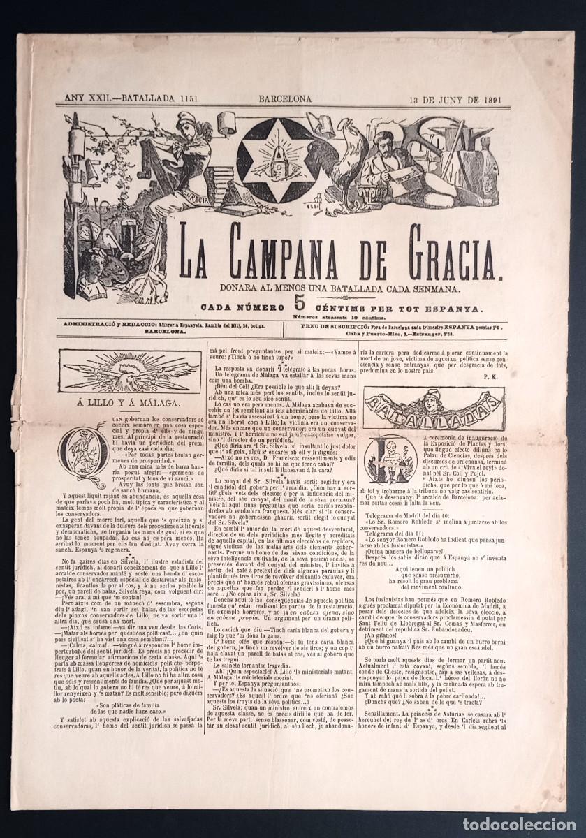 Colecionismo de Revistas e Jornais: LA CAMPANA DE GRACIA - ANY XXII, BATALLADA 1151 - 13 DE JUNY DE 1891