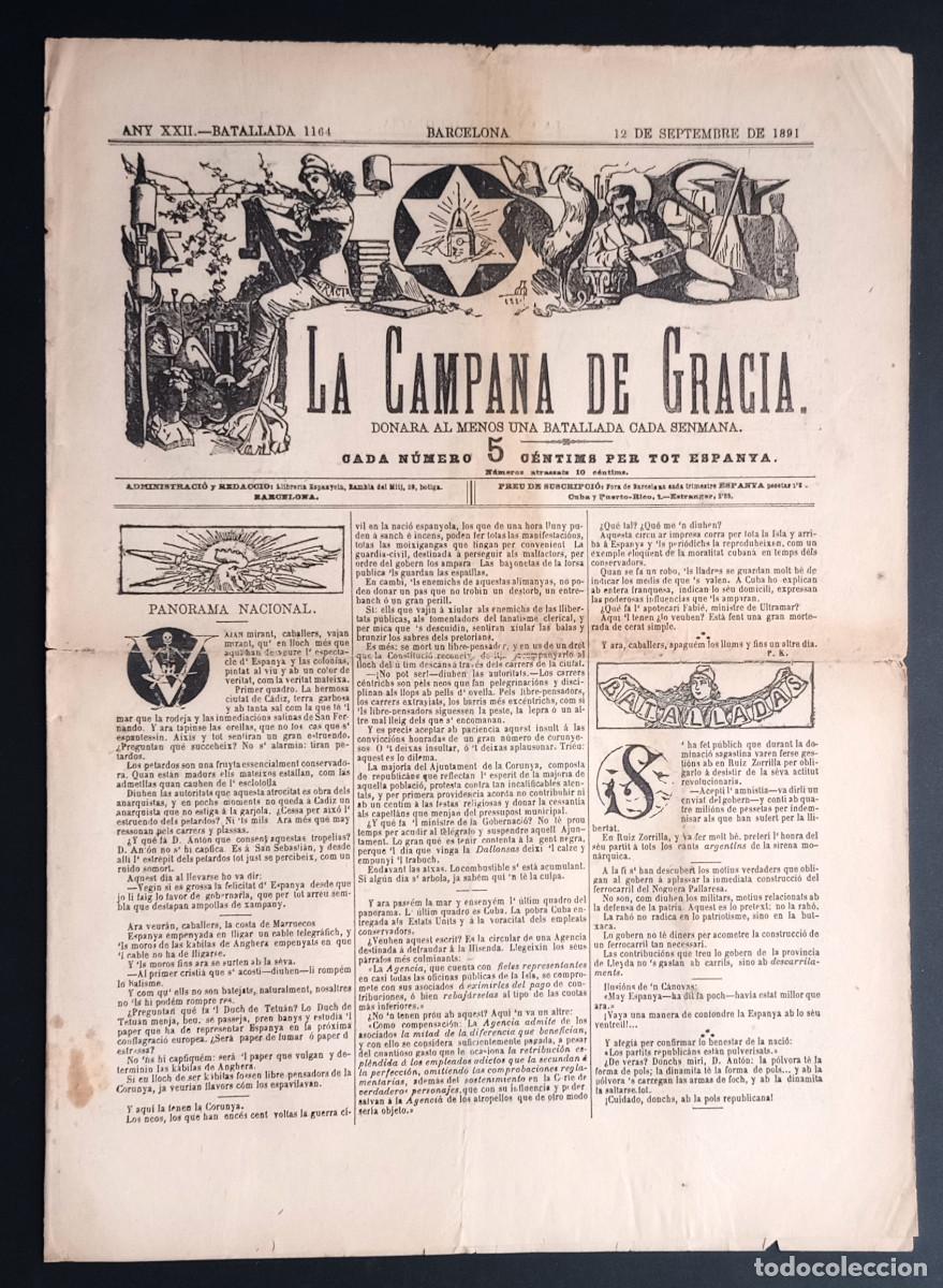 Coleccionismo de revistas y peri&oacute;dicos: LA CAMPANA DE GRACIA - ANY XXII, BATALLADA 1164 - 12 DE SEPTEMBRE DE 1891