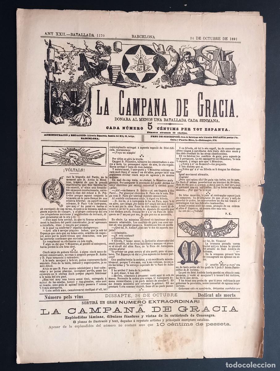 Coleccionismo de revistas y peri&oacute;dicos: LA CAMPANA DE GRACIA - ANY XXII, BATALLADA 1170 - 24 DE OCTUBRE DE 1891
