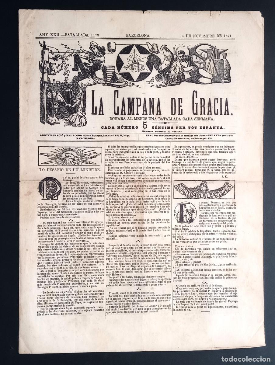 Coleccionismo de revistas y peri&oacute;dicos: LA CAMPANA DE GRACIA - ANY XXII, BATALLADA 1173 - 14 DE NOVEMBRE DE 1891