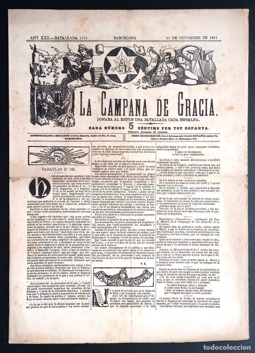 Coleccionismo de revistas y peri&oacute;dicos: LA CAMPANA DE GRACIA - ANY XXII, BATALLADA 1174 - 21 DE NOVEMBRE DE 1891