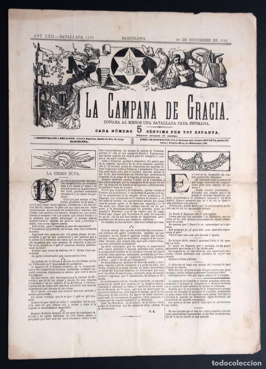 Coleccionismo de revistas y peri&oacute;dicos: LA CAMPANA DE GRACIA - ANY XXII, BATALLADA 1175 - 28 DE NOVEMBRE DE 1891