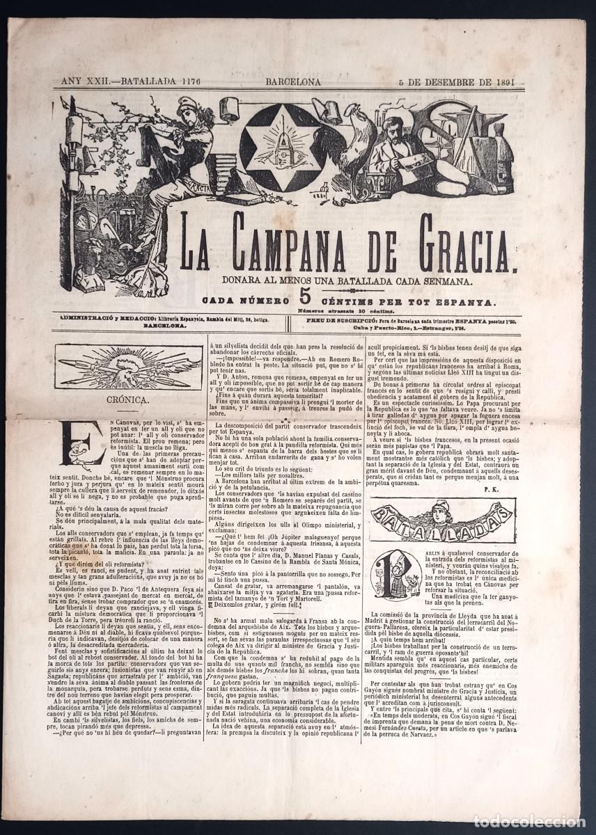 Coleccionismo de revistas y peri&oacute;dicos: LA CAMPANA DE GRACIA - ANY XXII, BATALLADA 1176 - 5 DE DESEMBRE DE 1891