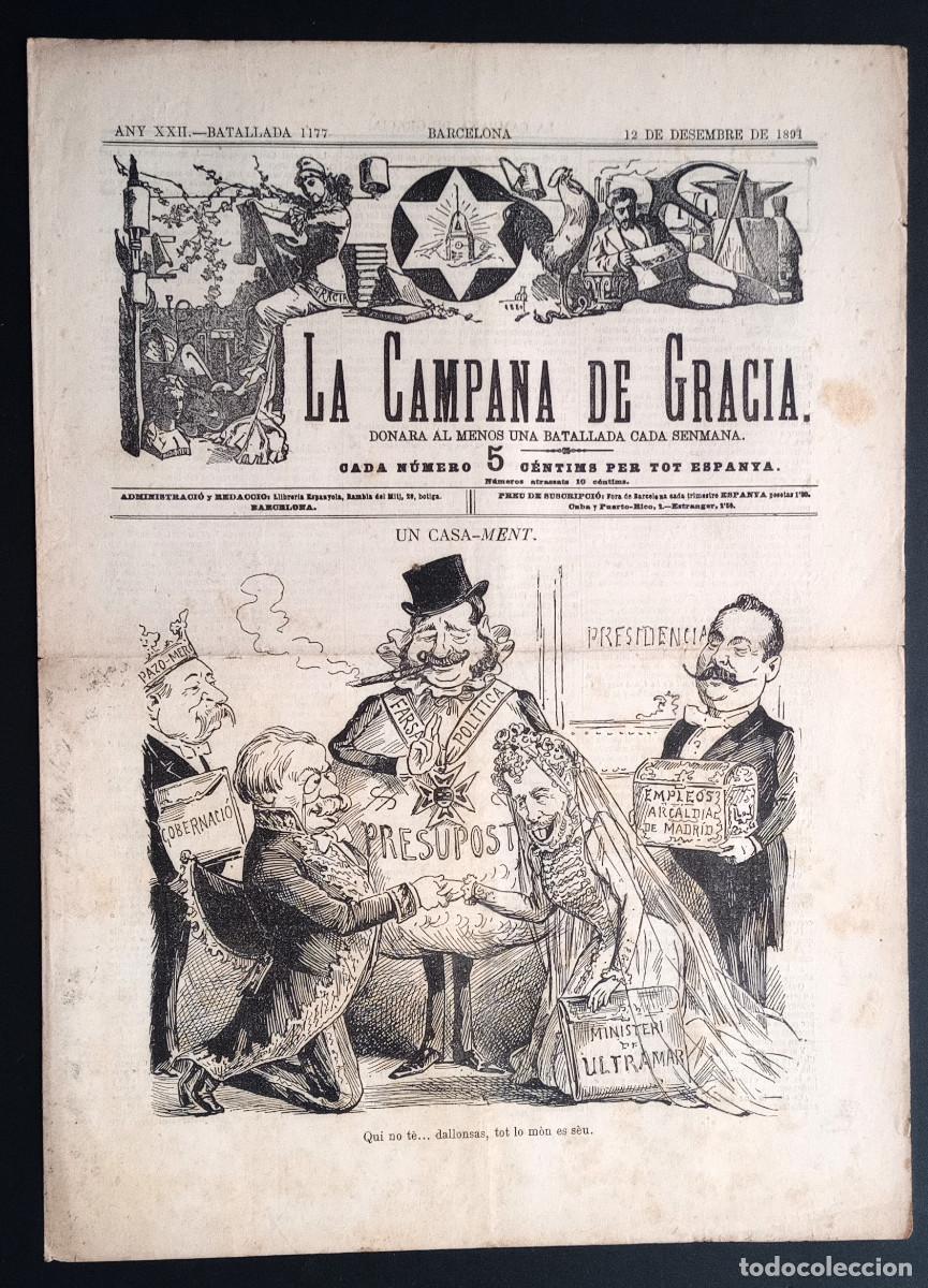 Coleccionismo de revistas y peri&oacute;dicos: LA CAMPANA DE GRACIA - ANY XXII, BATALLADA 1177 - 12 DE DESEMBRE DE 1891