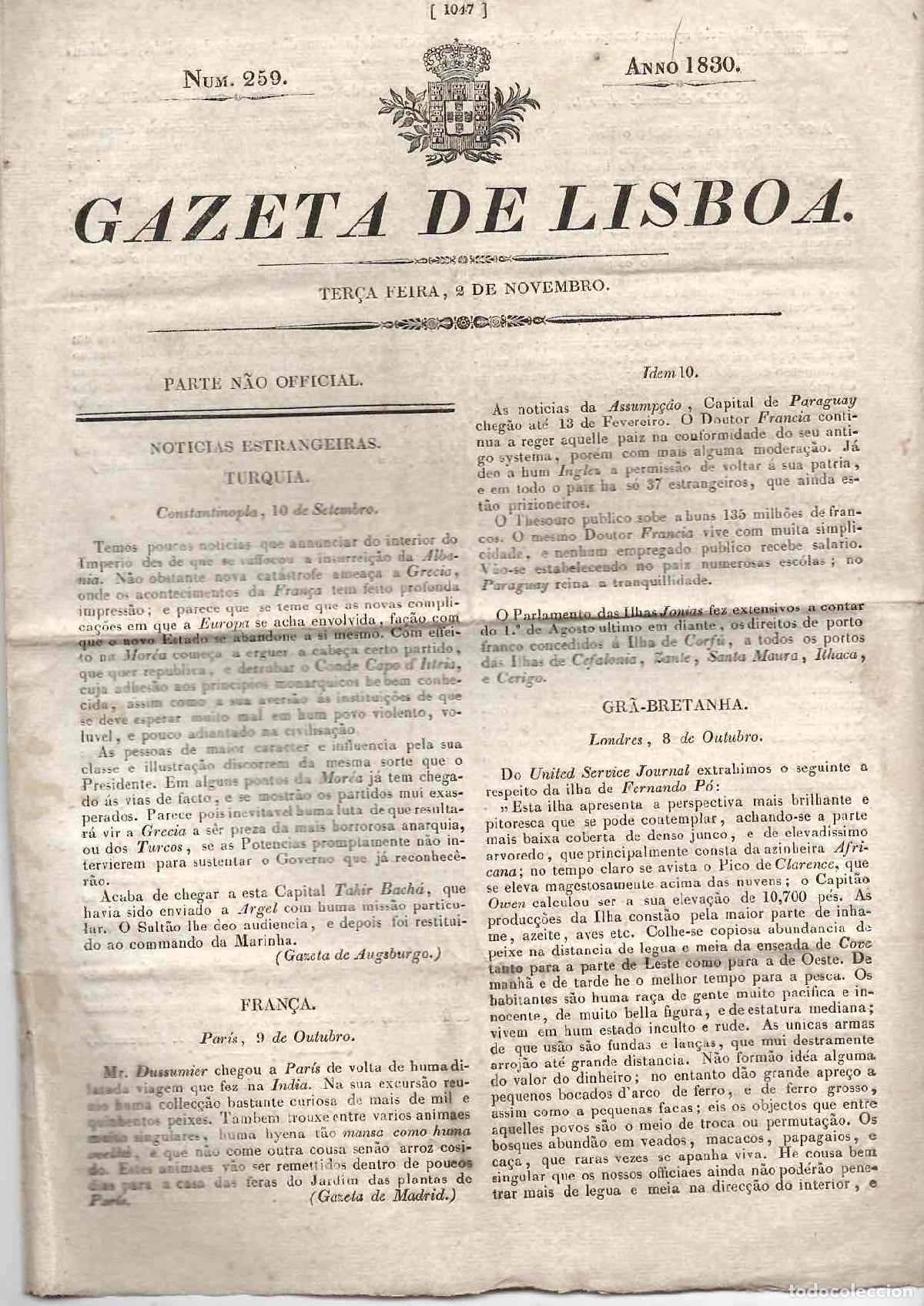 Coleccionismo de revistas y peri&oacute;dicos: GAZETA DE LISBOA. N&ordm; 259. 2 DE NOVEMBRO, 1830. EN PORTUGUES