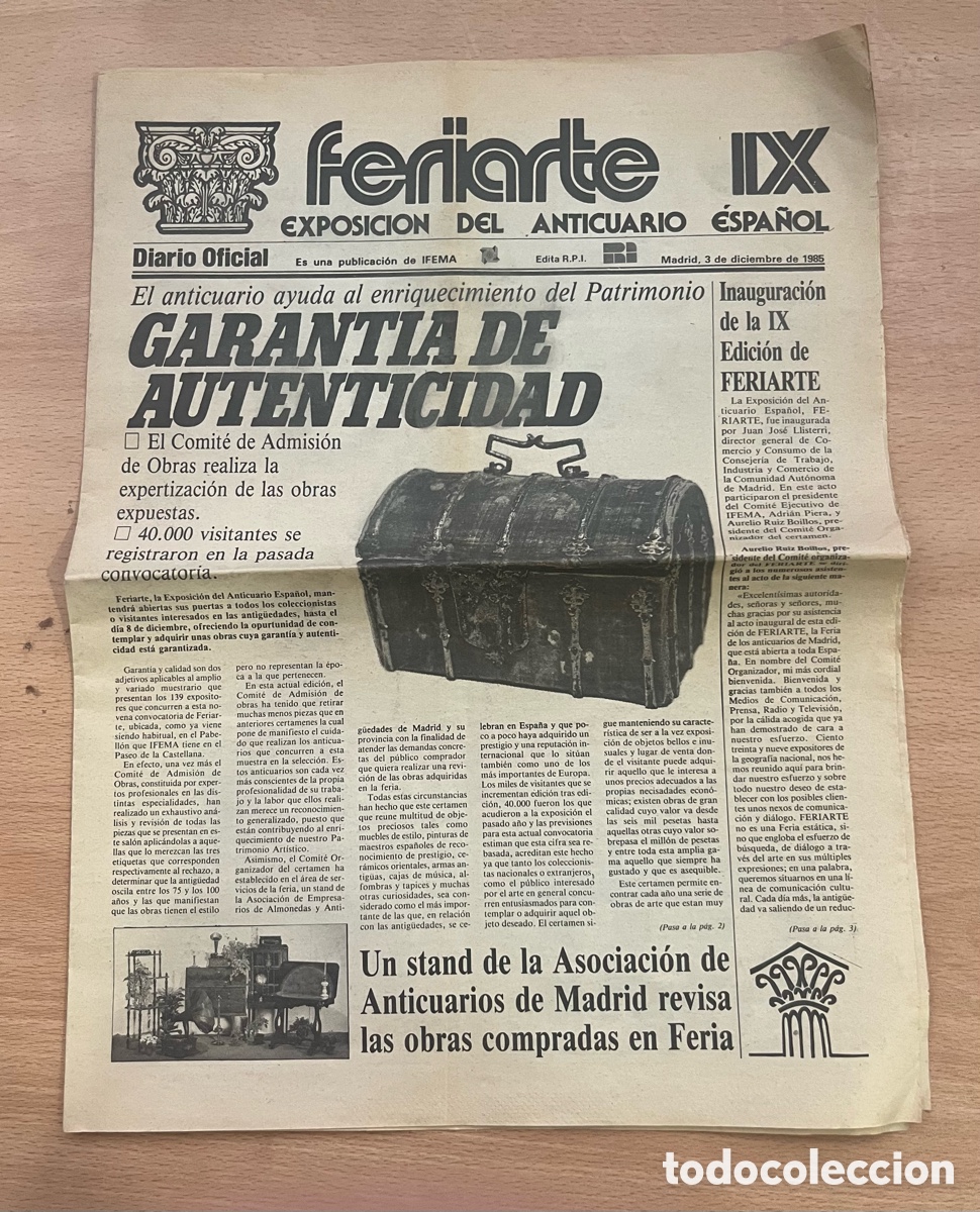 Coleccionismo de revistas y peri&oacute;dicos: FERIARTE IX - DIARIO OFICIAL - EXPOSICI&Oacute;N DEL ANTICUARIO &Eacute;SPA&Ntilde;OL - A&Ntilde;O 1985
