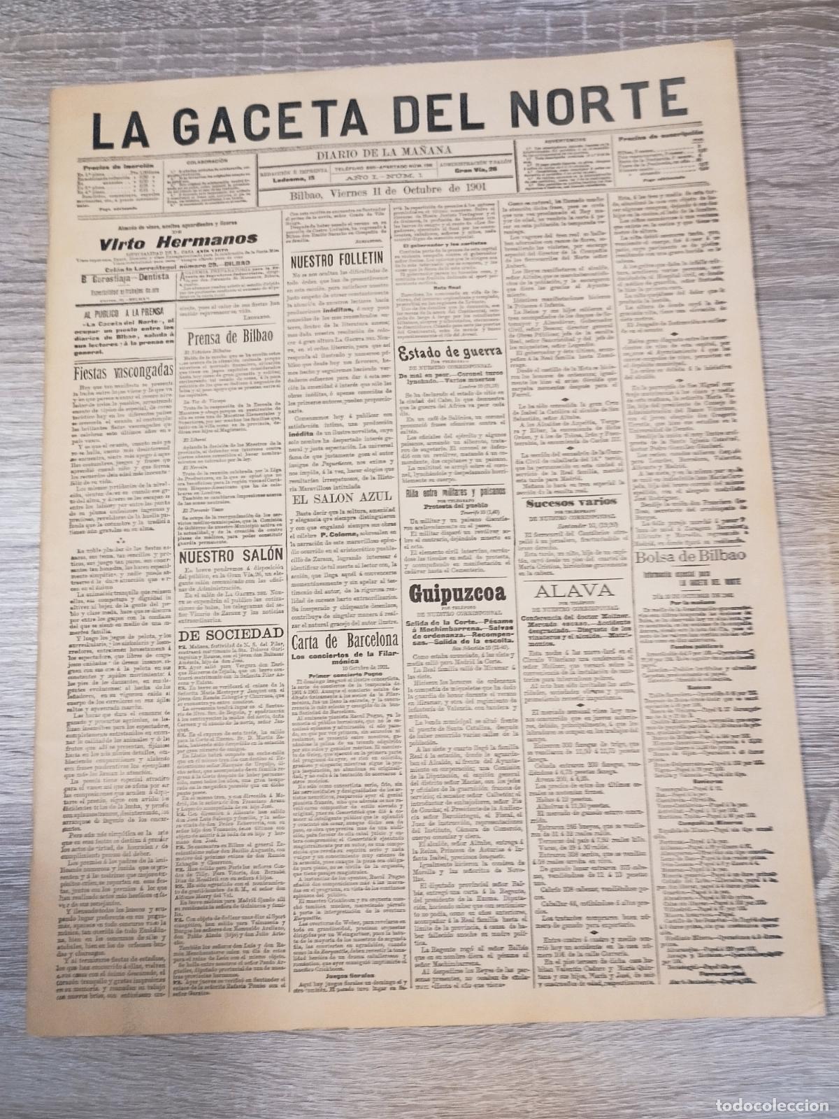 Collectionnisme de Revues et Journaux: LA GACETA DEL NORTE. BILBAO. RERODUCCION DEL N&ordm; 1. EDITADO EN EL 11/10/1901.