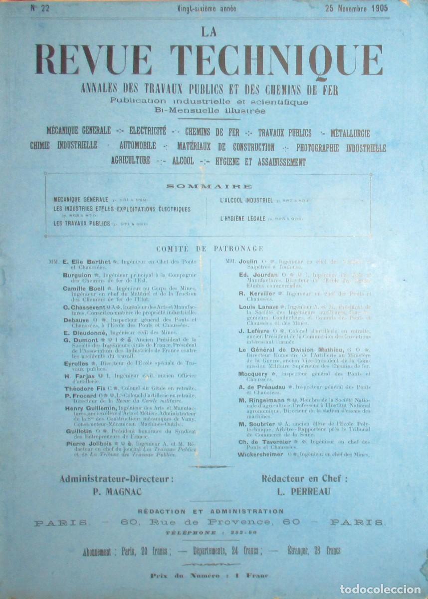 Collezionismo di Riviste e Giornali: LA REVUE TECHNIQUE. ANALES DE OO. PP. Y FERROCARRIL. REVISTA INDUSTRIAL Y CIENT&Iacute;FICA. N&ordm; 22 DE 1905.