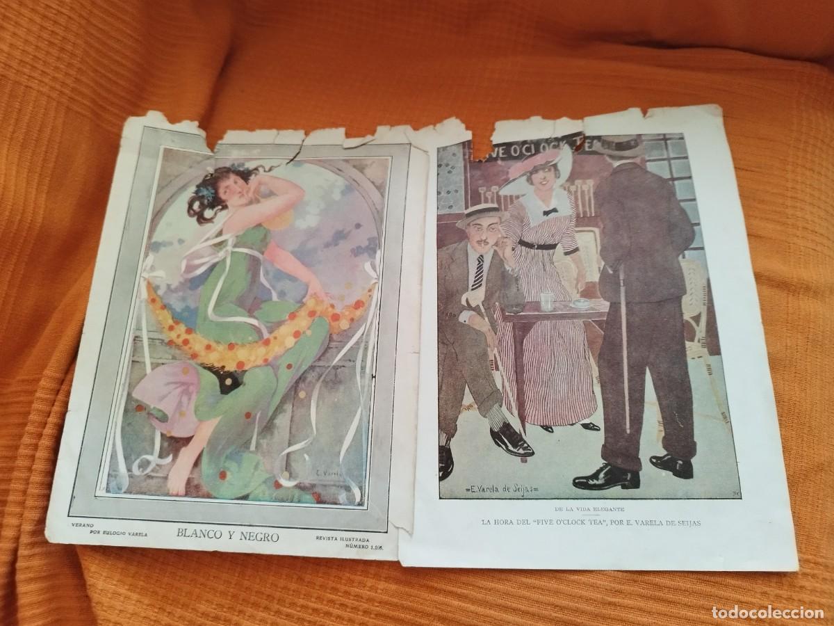 Coleccionismo de revistas y peri&oacute;dicos: Dos hojas antiguas de revista Blanco y Negro. Ilustraciones de Varela de Seijas, Eulogio Varela.