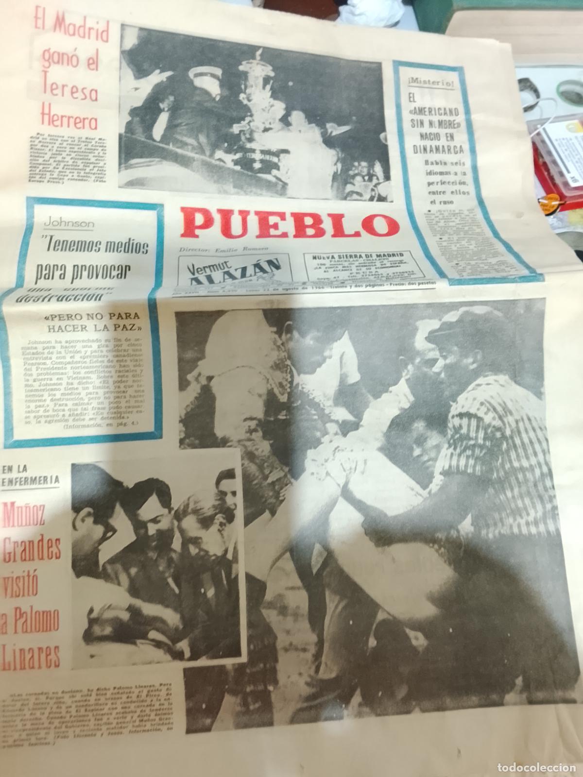Colecionismo de Revistas e Jornais: Peri&oacute;dico PUEBLO EXTRA - Agosto 1966. Grave Cornada de Palomo Linares en El Espinar. &iexcl;Pieza &Uacute;nica