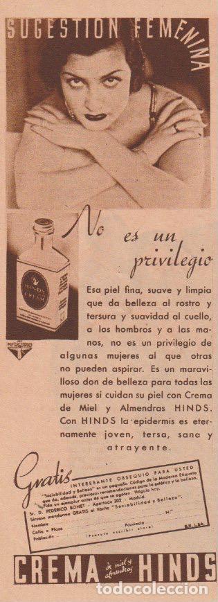 Coleccionismo de revistas y peri&oacute;dicos: Publicidad cosm&eacute;tica: Crema HINDS - 1935