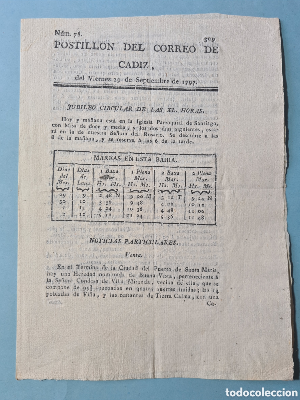 Colecionismo de Revistas e Jornais: POSTILLON DEL CORREO DE CADIZ - N&ordm; 78 - 29 SEPTIEMBRE 1797 - 4 PAGINAS EXCELENTE ESTADO