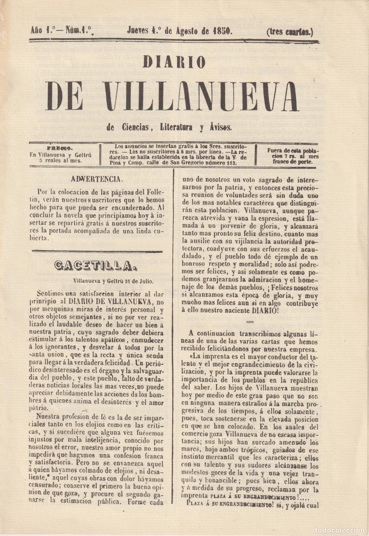 Colecionismo de Revistas e Jornais: DIARIO DE VILLANUEVA DE CIENCIAS, LITERATURA Y AVISOS &ndash; 4 DE AGOSTO DE 1850 &ndash; A&Ntilde;O 1 N&ordm; 1 - FACSIMIL