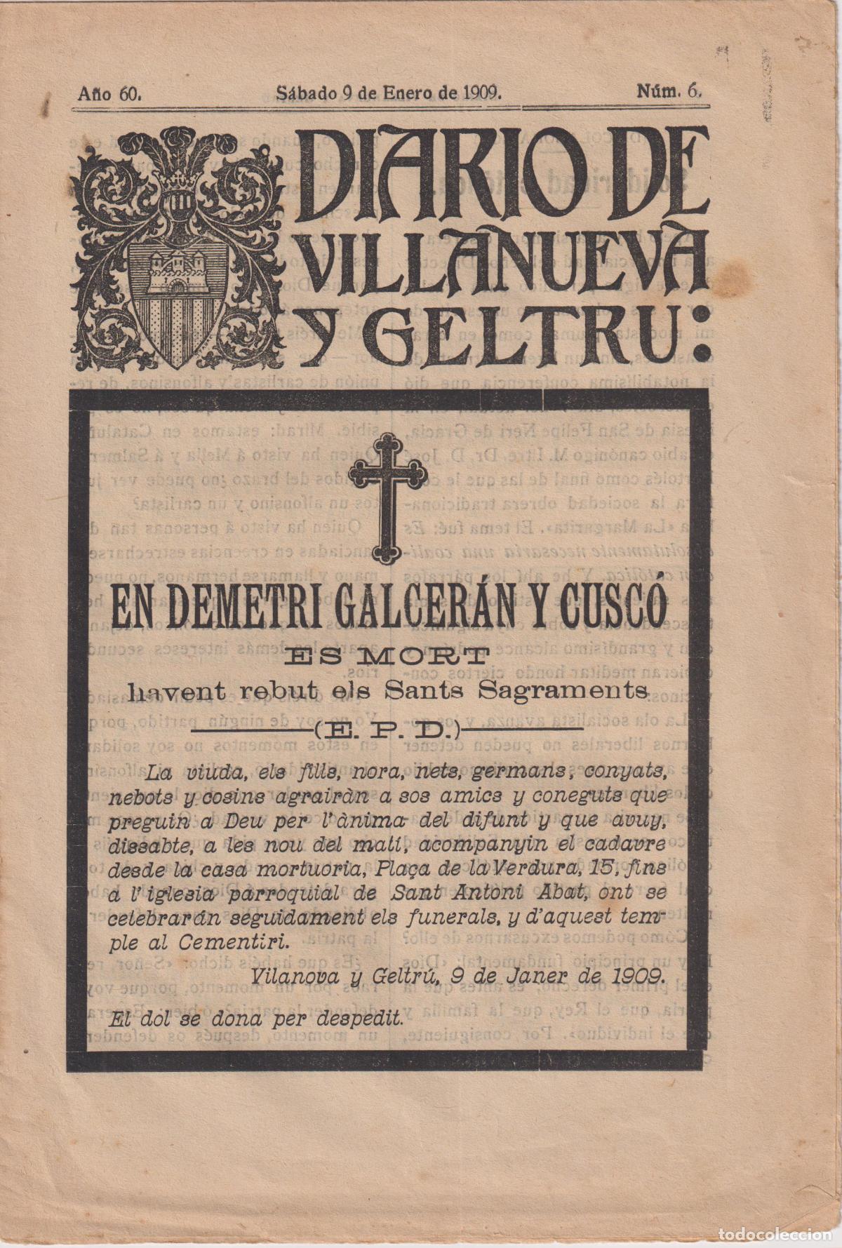 Collezionismo di Riviste e Giornali: DIARIO DE VILLANUEVA Y GELTRU &ndash; S&Aacute;BADO 9 DE ENERO DE 1909