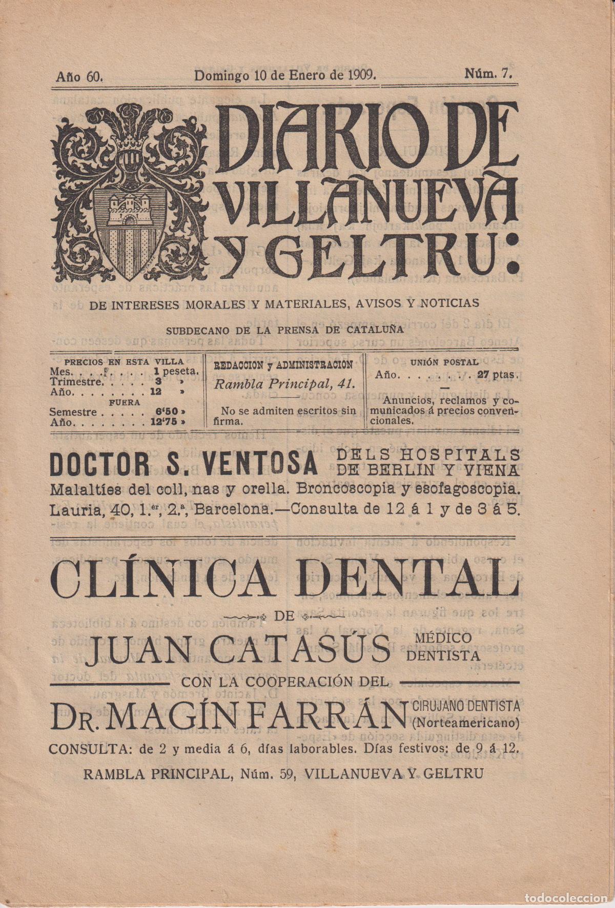 Coleccionismo de revistas y peri&oacute;dicos: DIARIO DE VILLANUEVA Y GELTRU &ndash; DOMINGO 10 DE ENERO DE 1909