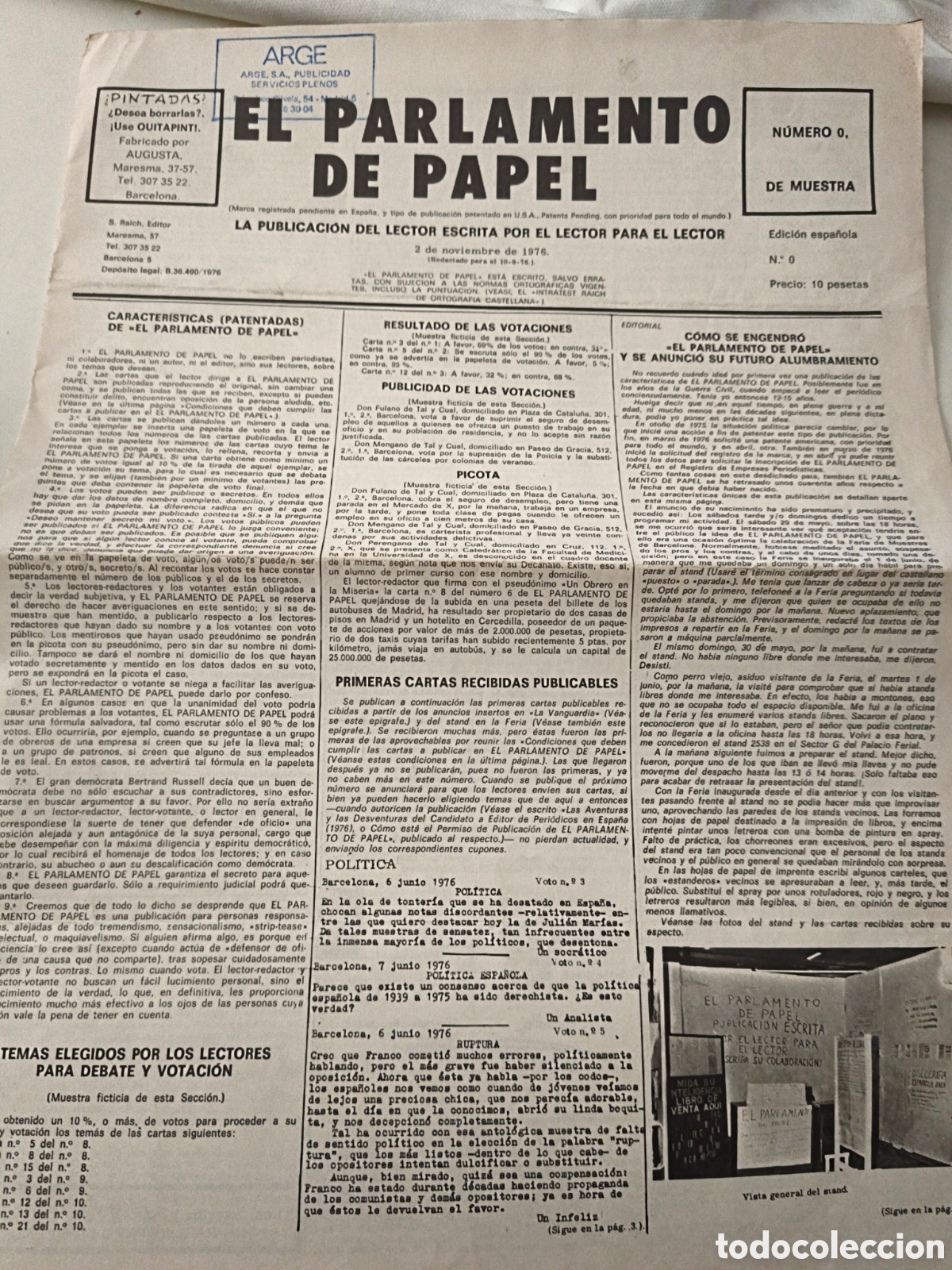 Sammeln von Zeitschriften und Zeitungen: Peri&oacute;dico El Parlamento de papel. N&uacute;mero 0. 1976.