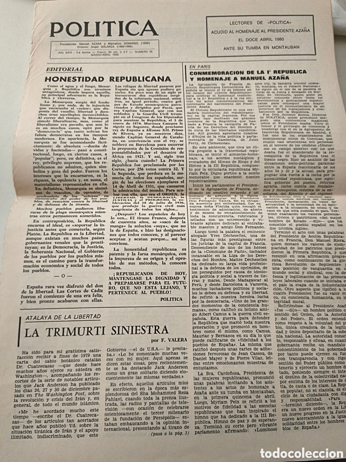 Sammeln von Zeitschriften und Zeitungen: Peri&oacute;dico Pol&iacute;tica. N&uacute;mero 70. 1980